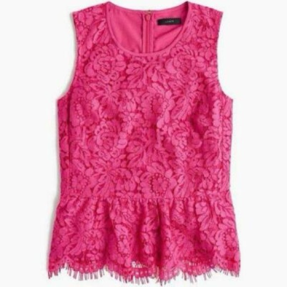 J.Crew Petite Peplum Lace Sleeveless Blouse 2P Bright Pink Eyelash Trim - Picture 14 of 16